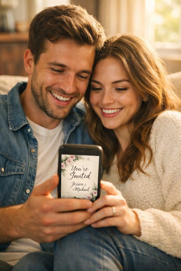 Ζευγάρι χαμογελάει βλέποντας πρόσκληση