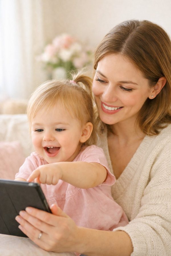 Μαμά και παιδί βλέπουν tablet