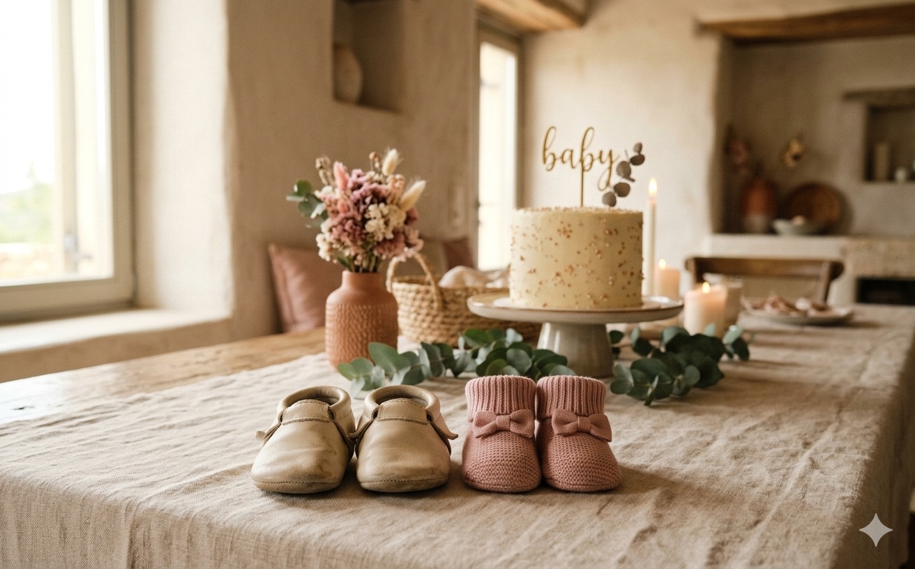 Δύο ζευγάρια βρεφικά παπουτσάκια σε baby shower για δεύτερο παιδί