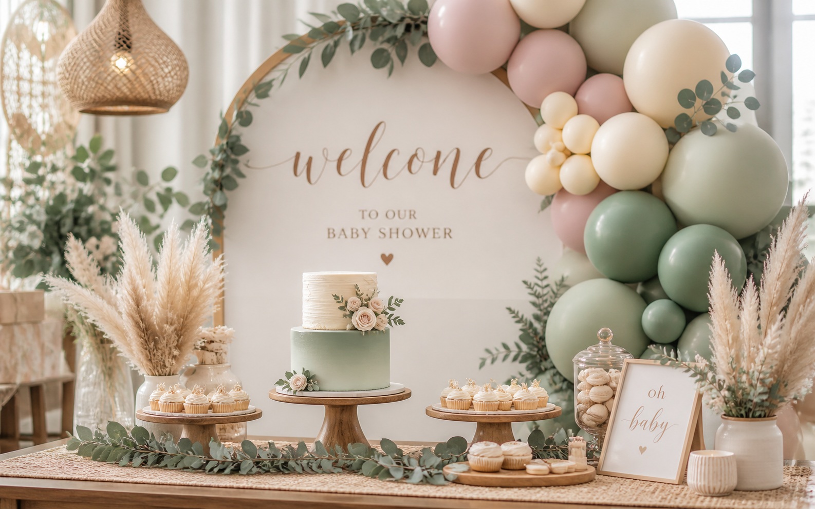 Διακόσμηση baby shower με αψίδα μπαλονιών και τραπέζι γλυκών