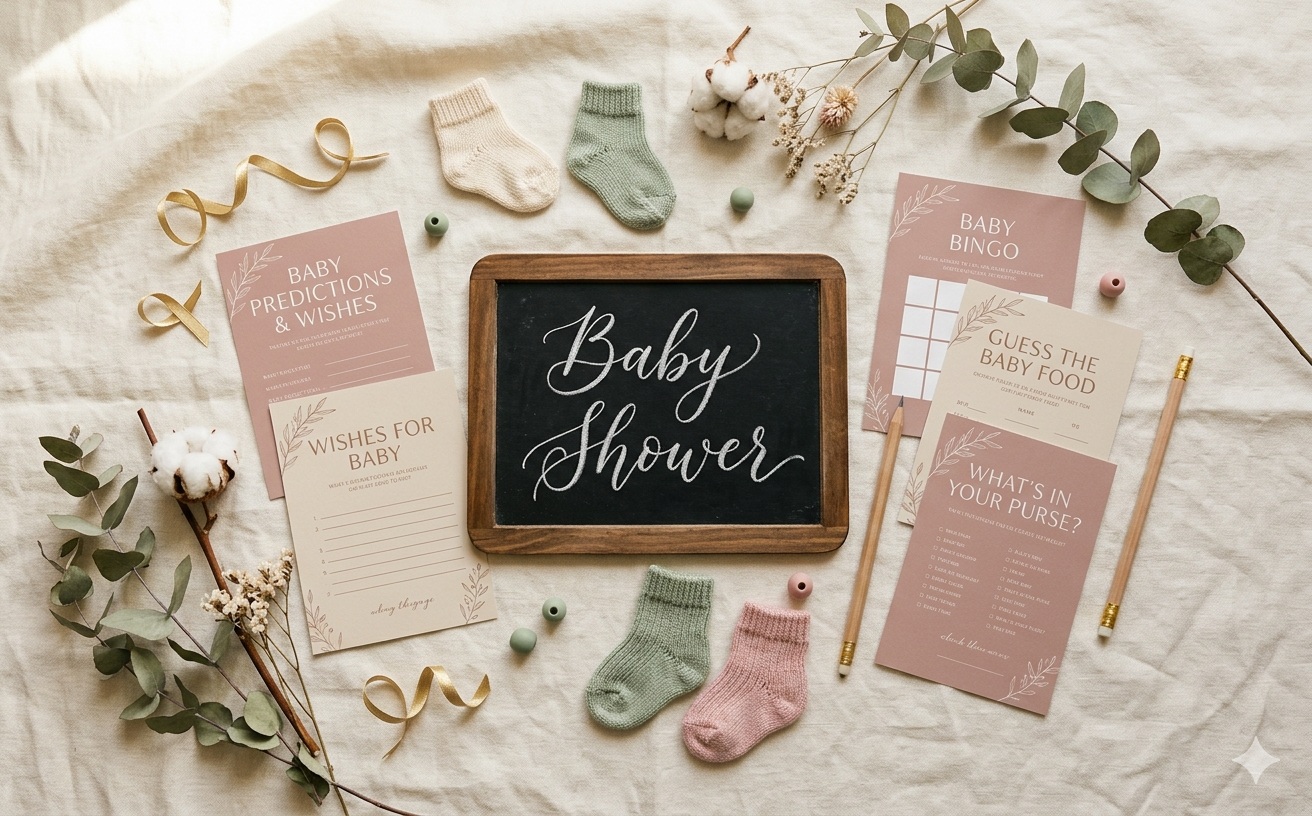 Στήσιμο για baby shower games με κάρτες, στυλό και διακόσμηση