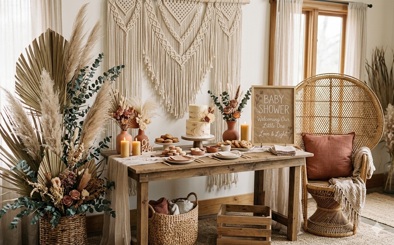 Boho baby shower με macramé, διακοσμητικά φυτά και γήινους τόνους
