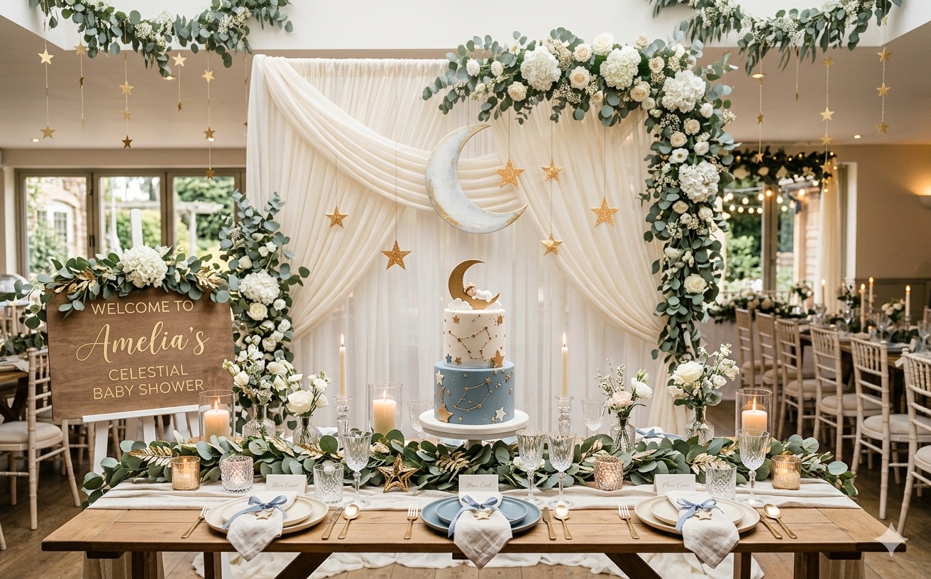 Celestial baby shower με χρυσά αστέρια, φεγγάρι και dusty blue διακόσμηση