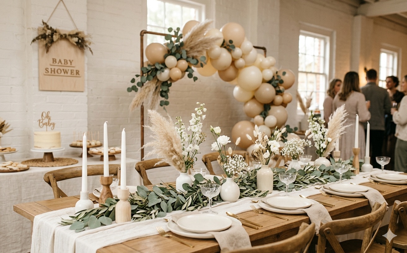 Gender-neutral baby shower με ουδέτερη διακόσμηση και sage green λεπτομέρειες